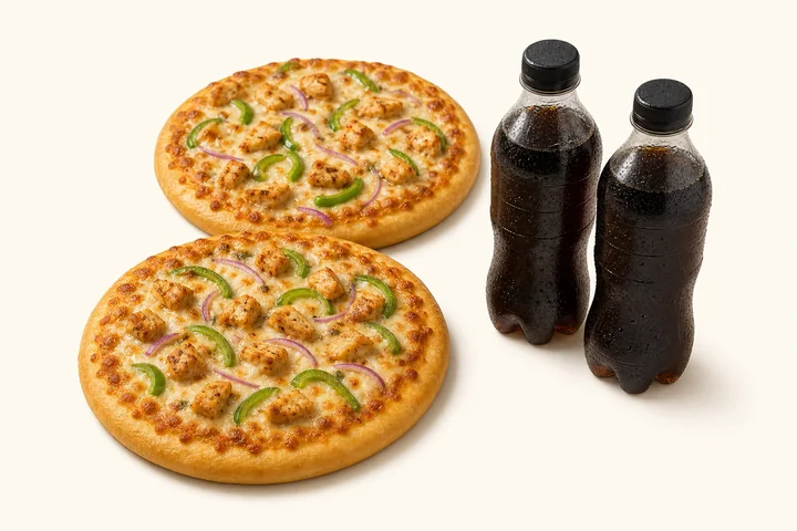 Two small chicken pizzas and two soft drinks for Deal 2