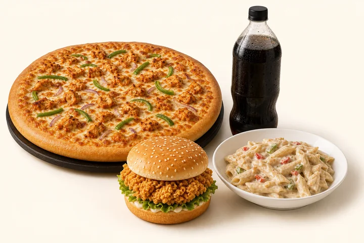 A large chicken pizza, zinger burger, creamy pasta and a soft drink for Deal 4