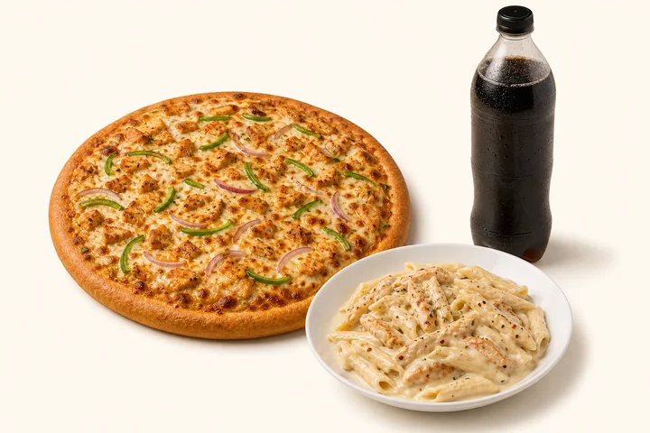 A large chicken pizza, creamy pasta and a soft drink for Deal 5