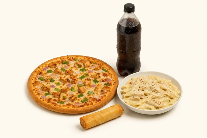 A medium chicken pizza, creamy pasta, spring roll and a soft drink for Deal 7
