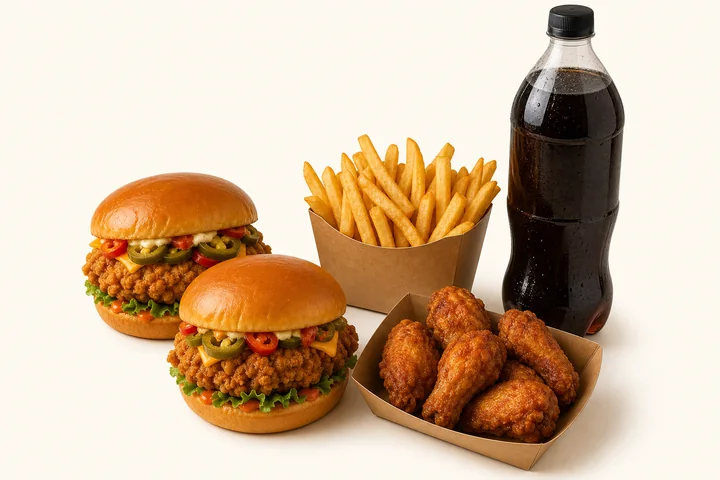 Two chicken burgers, fried wings, fries and a soft drink for Deal 9