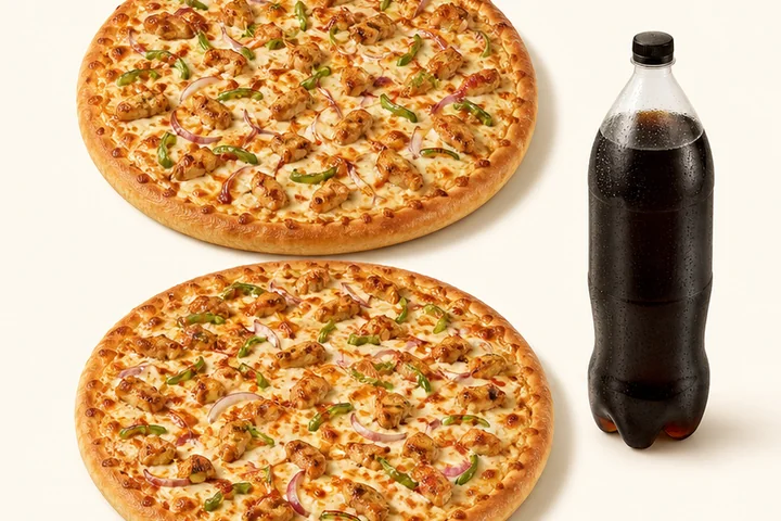 Two large chicken pizzas and a soft drink for Family Deal 1