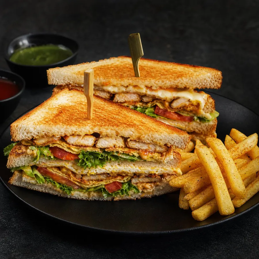 Loaded Pakistani chicken sandwich with fries