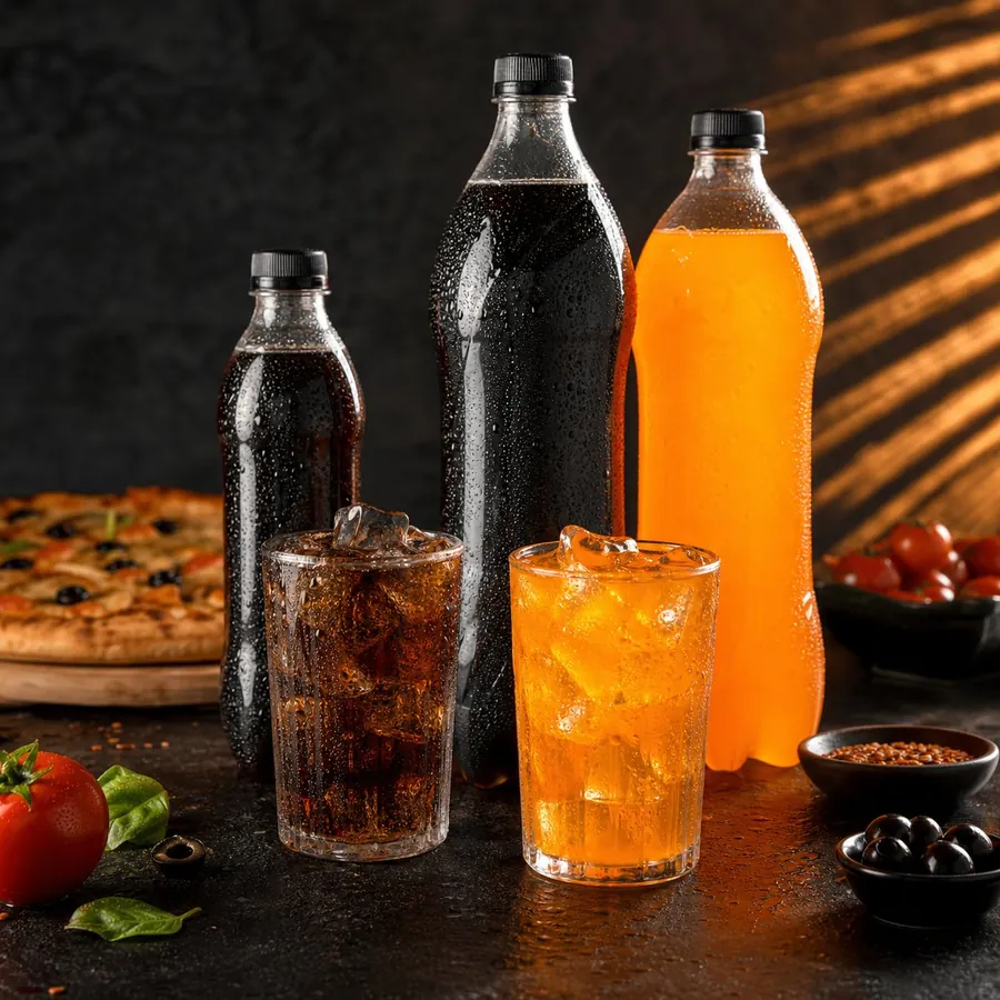 Chilled cola and orange soft drinks in different sizes