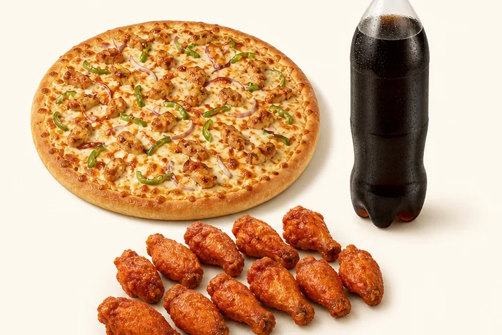 A large chicken pizza, hot wings and a soft drink for the Special Deal