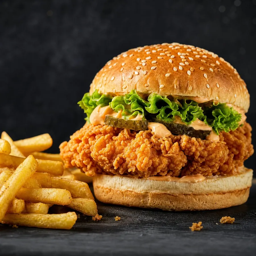 Pakistani crispy zinger burger with fries